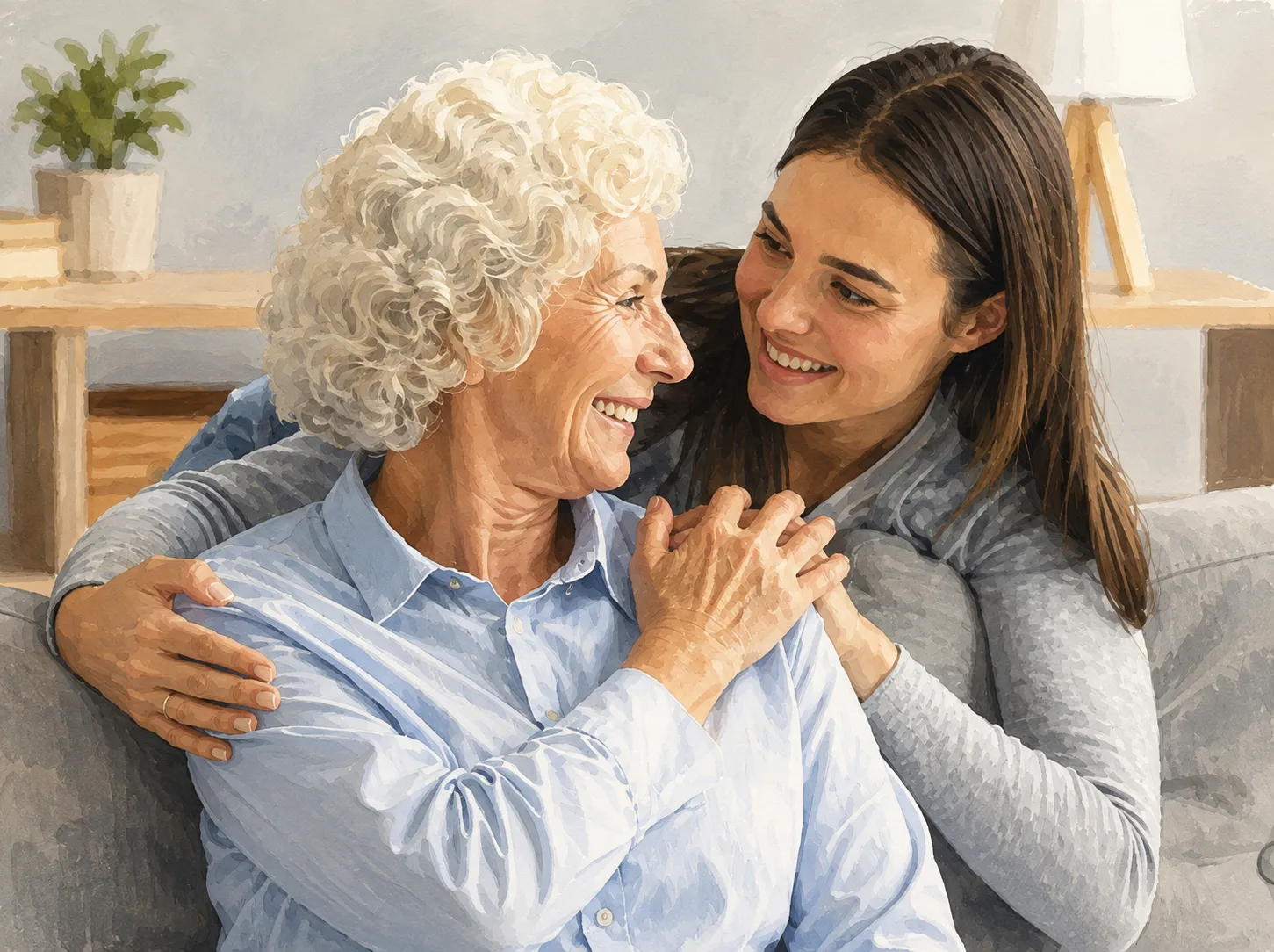 Home health caregiver embracing an elderly client