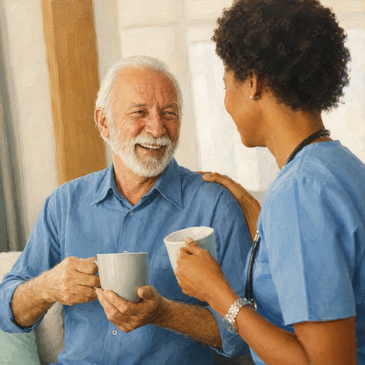 Caregiver sharing a cup of coffee with an elderly client
