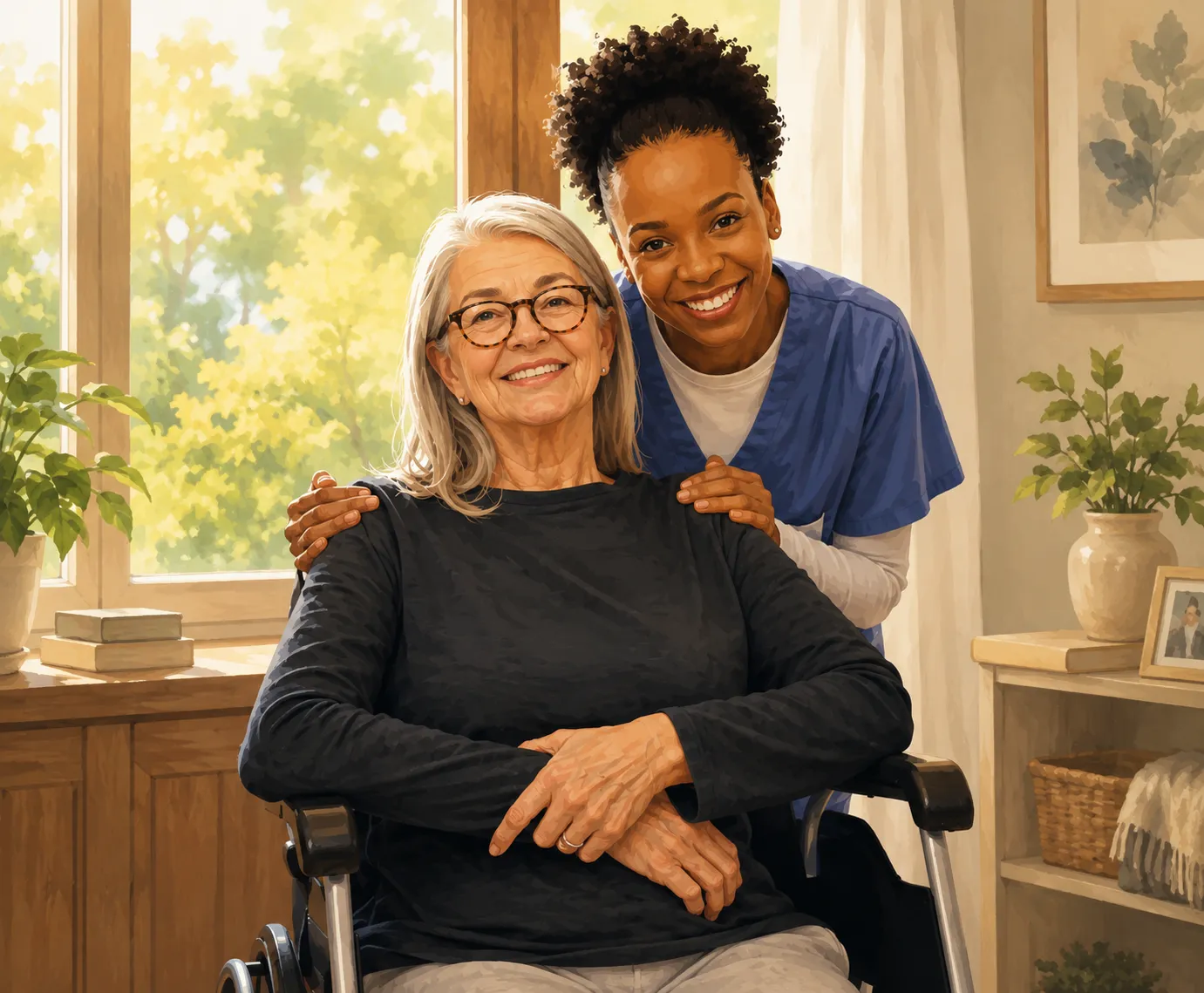 Home health caregiver with an elderly client smiling at home