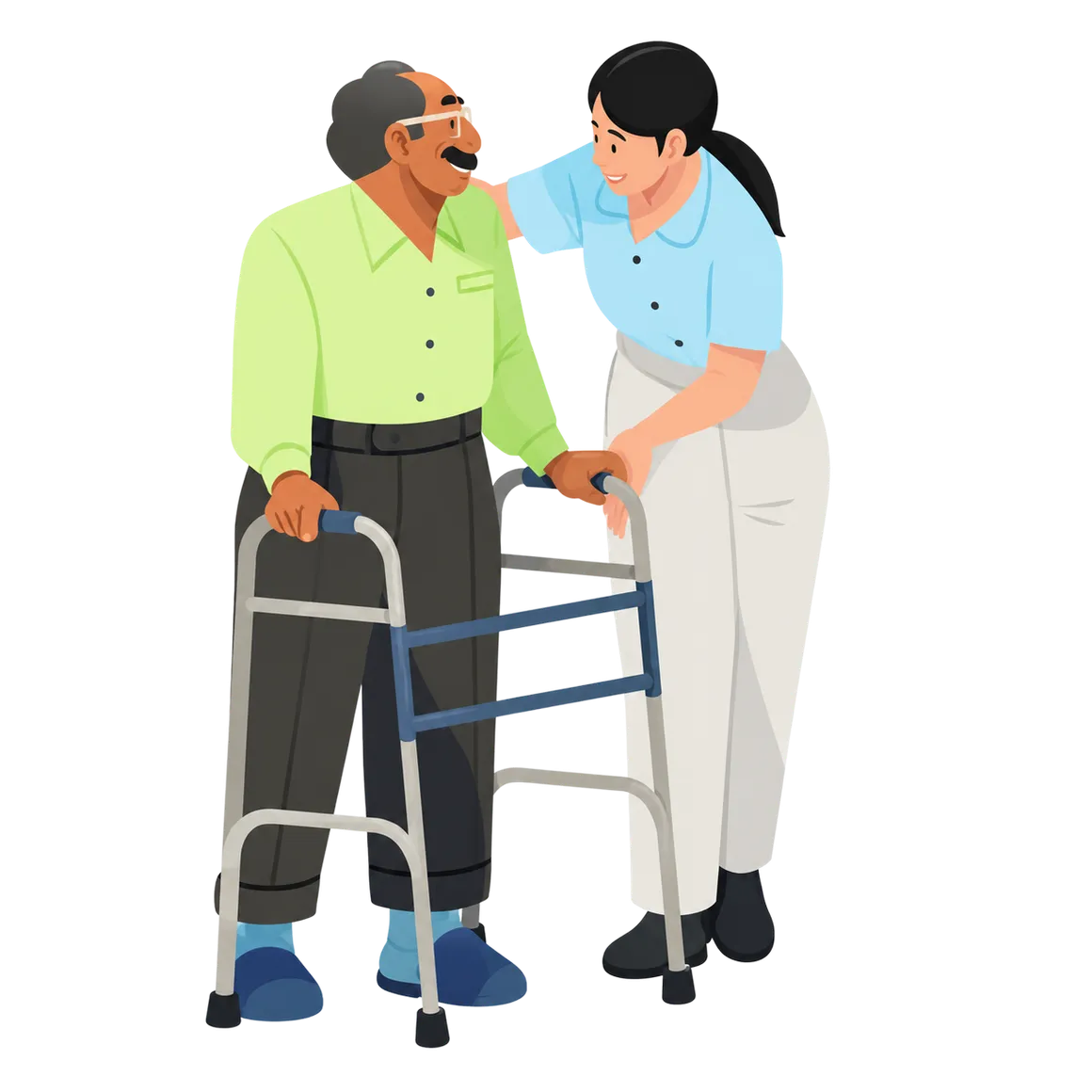 Caregiver assisting an elderly man with a walker