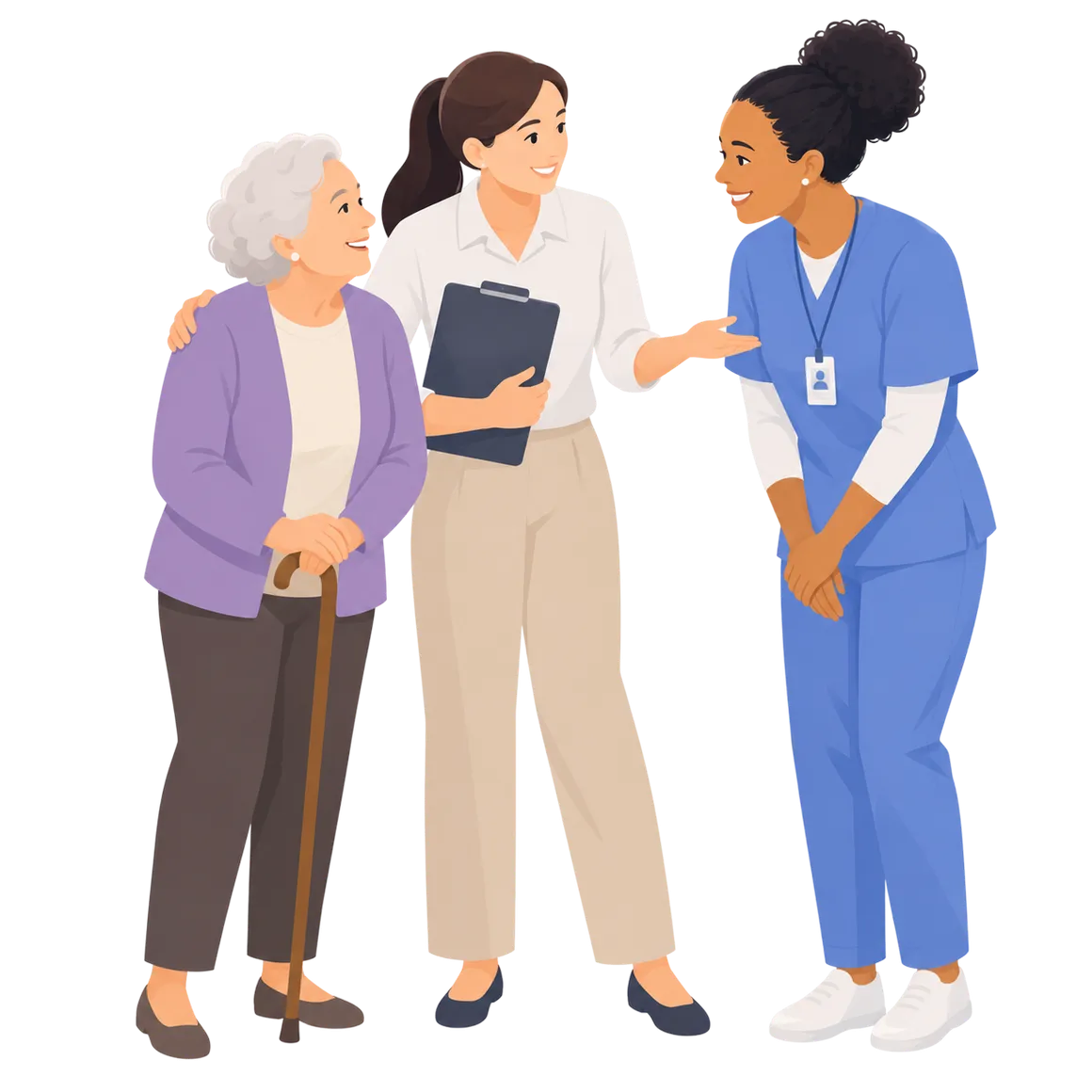 Care team meeting with an elderly woman