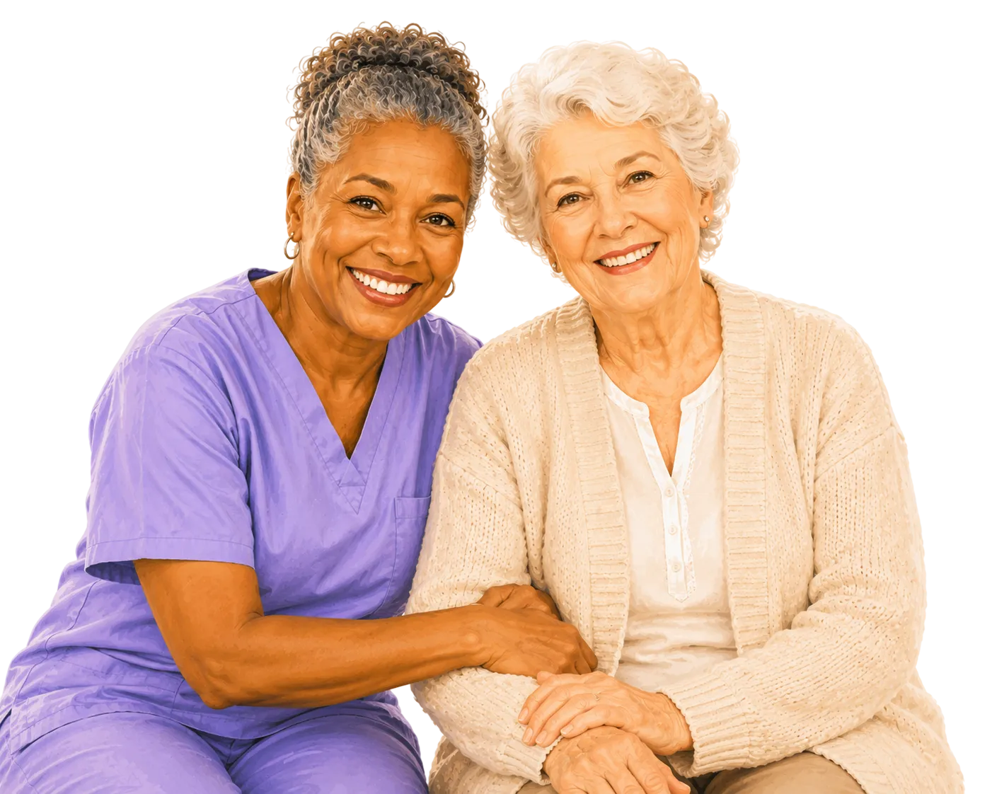 Good Hands caregiver sitting with a senior client