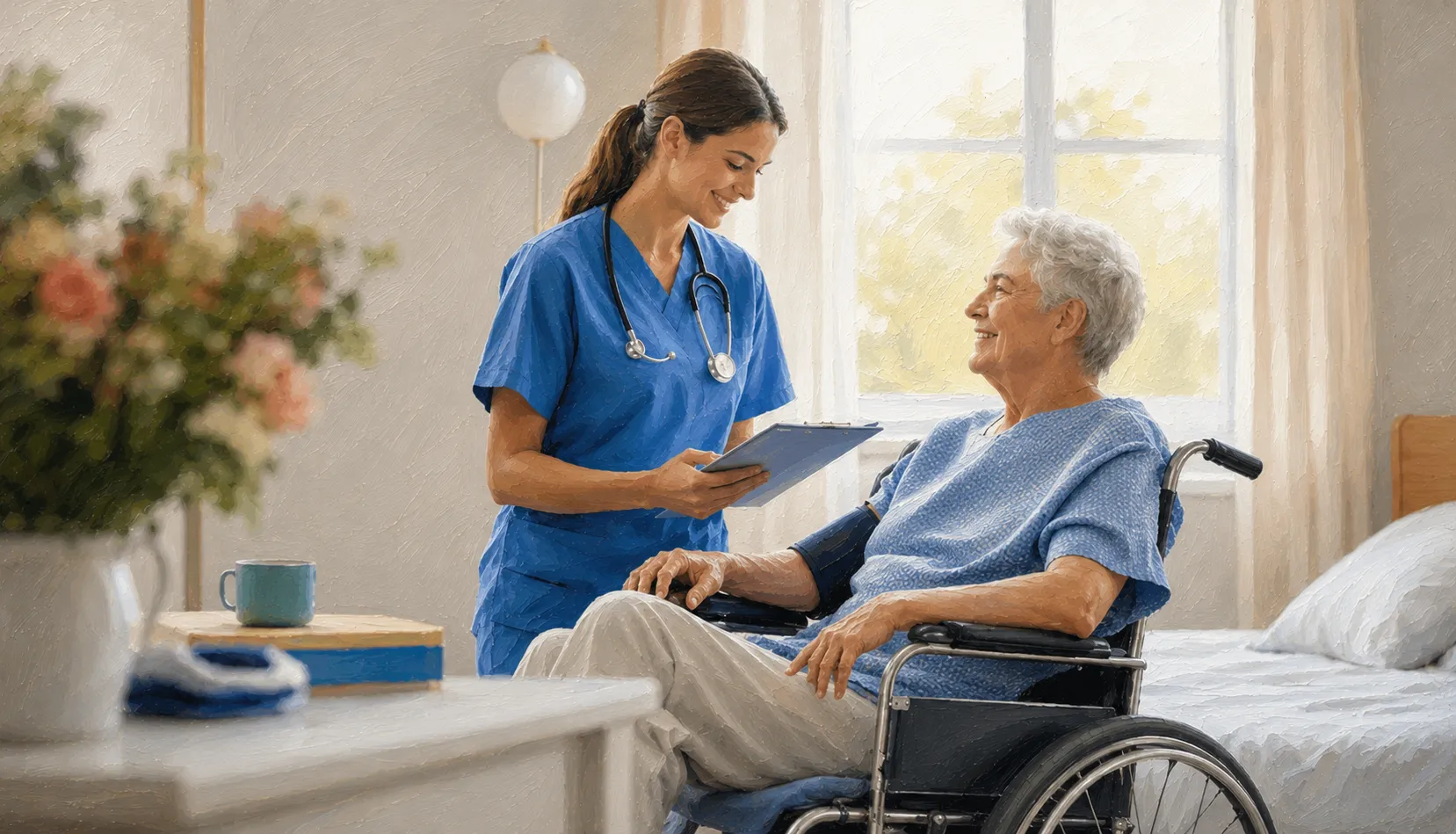 Caregiver in blue scrubs smiling at an elderly woman in a wheelchair