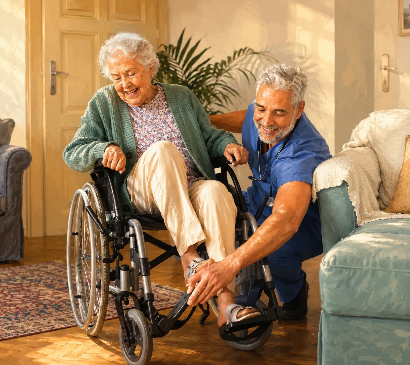 Home health caregiver assisting an elderly client in a wheelchair
