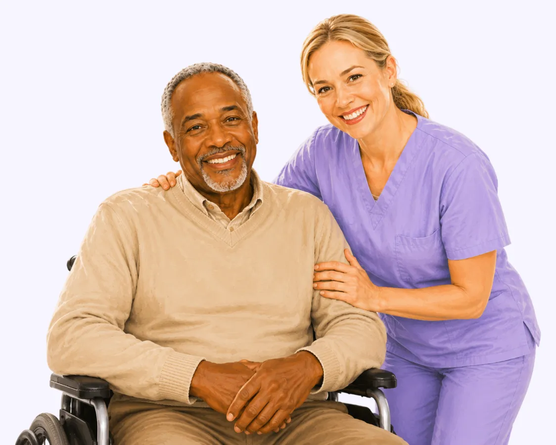 Home health caregiver with an elderly client in a wheelchair