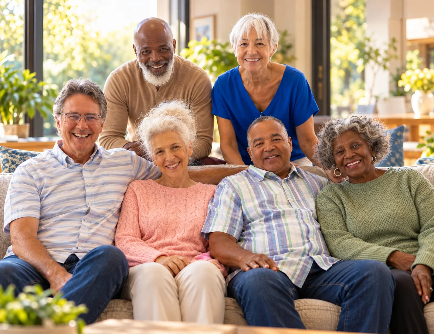 Group of seniors together on a sofa at home