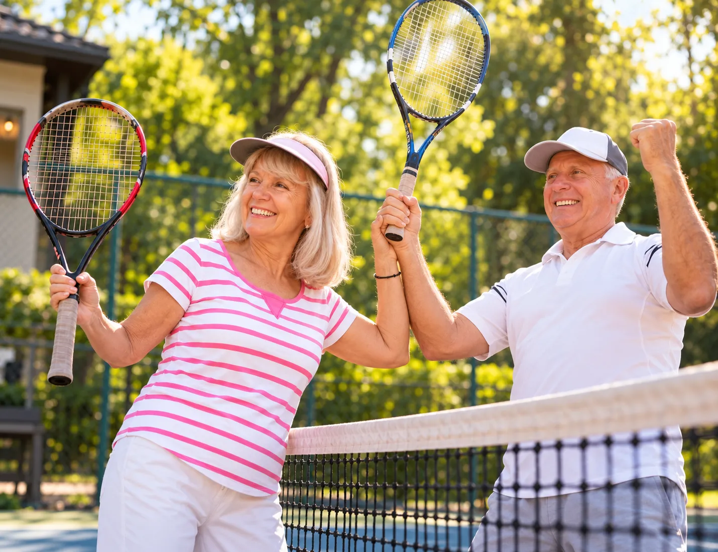 Senior couple celebrating on a tennis court