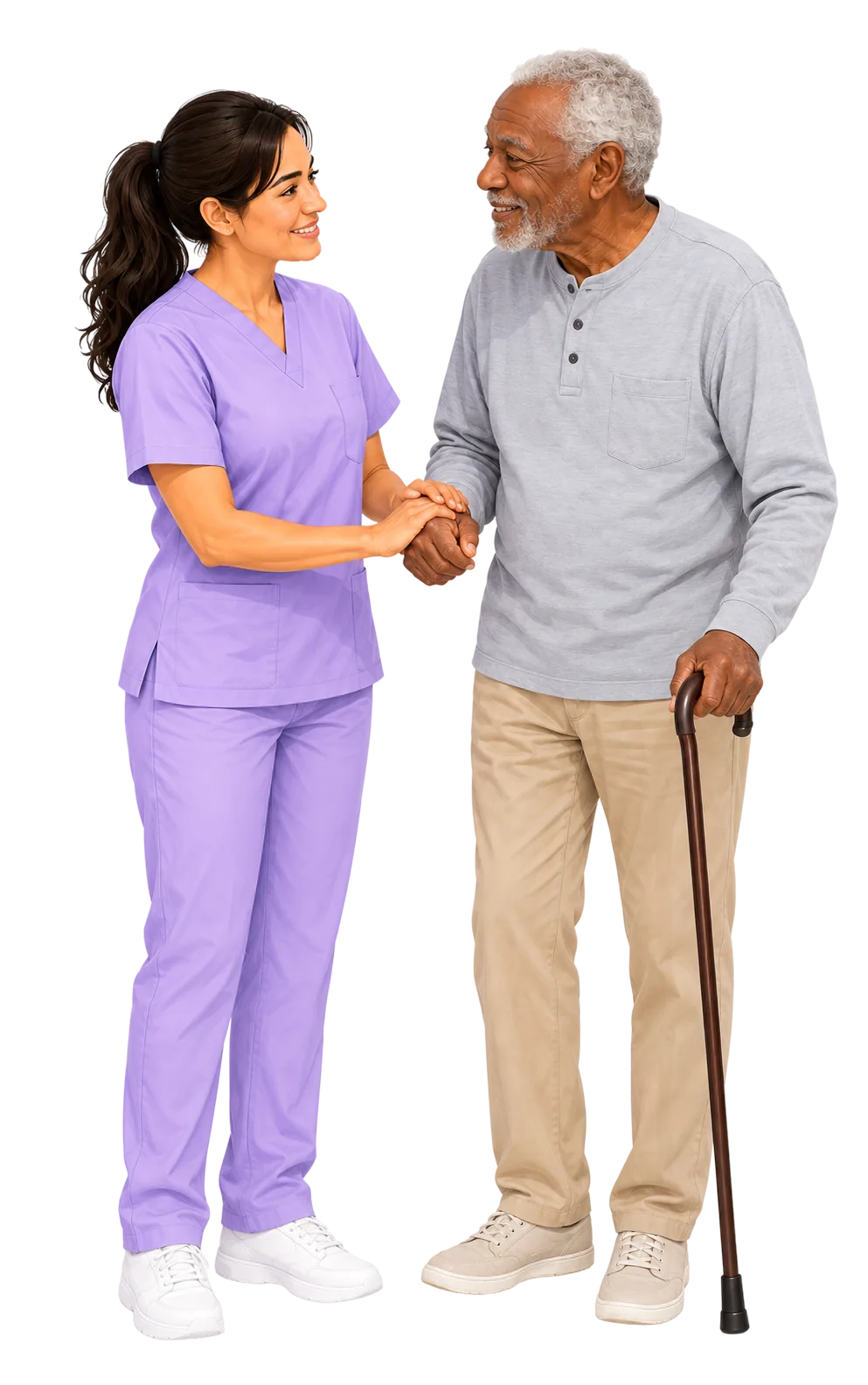 Caregiver holding hands with an elderly client