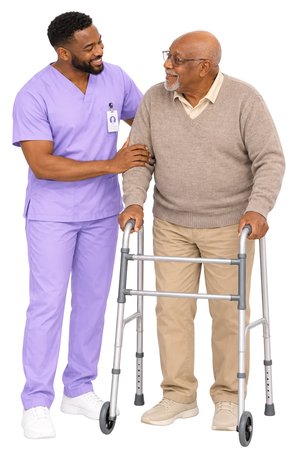 Caregiver helping an elderly client with a walker