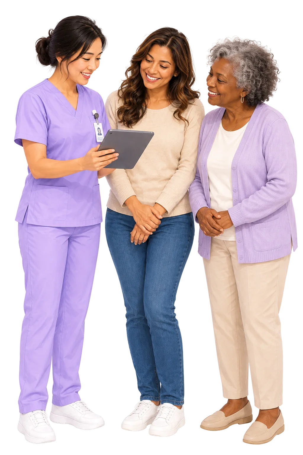 Caregiver reviewing a tablet with a client and a family member