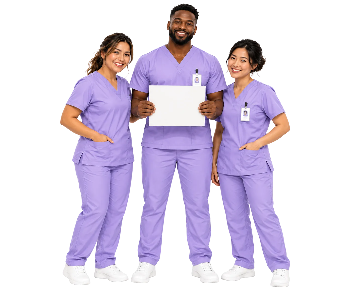 Three caregivers holding the Good Hands logo