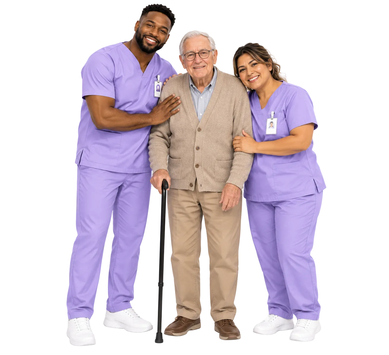 Two caregivers standing with an elderly client