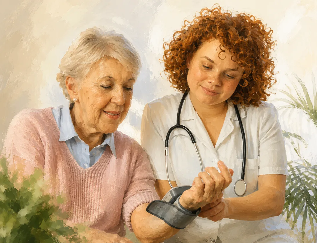 Nurse checking a senior client's blood pressure at home