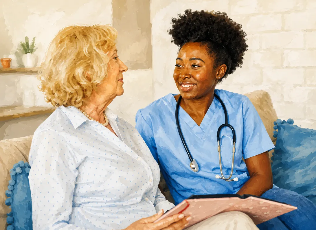 Home health nurse talking with a senior client