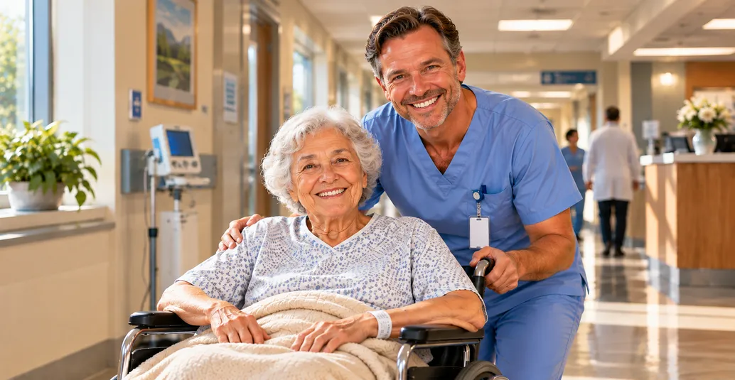Caregiver assisting a patient recovering after hospital care