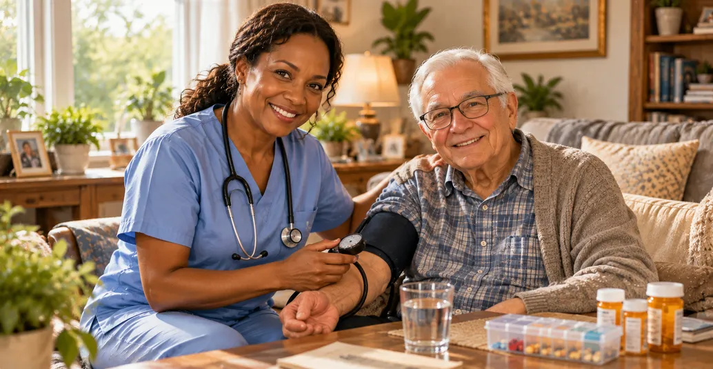 Caregiver checking blood pressure for a client with a long-term condition