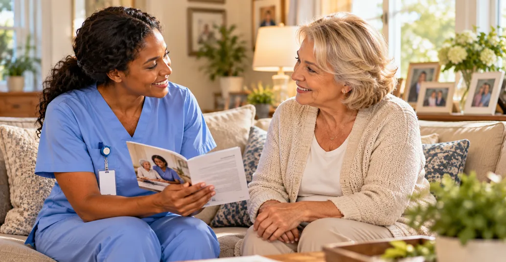 Caregiver reviewing a brochure with an elderly woman at home
