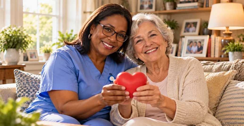 Caregiver and an elderly woman holding a red heart together
