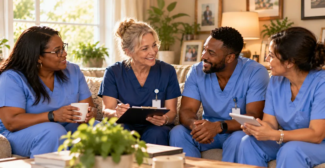 Care team talking together on a sofa at home
