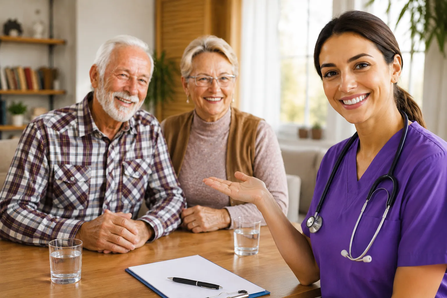 Caregiver meeting with a senior couple at home