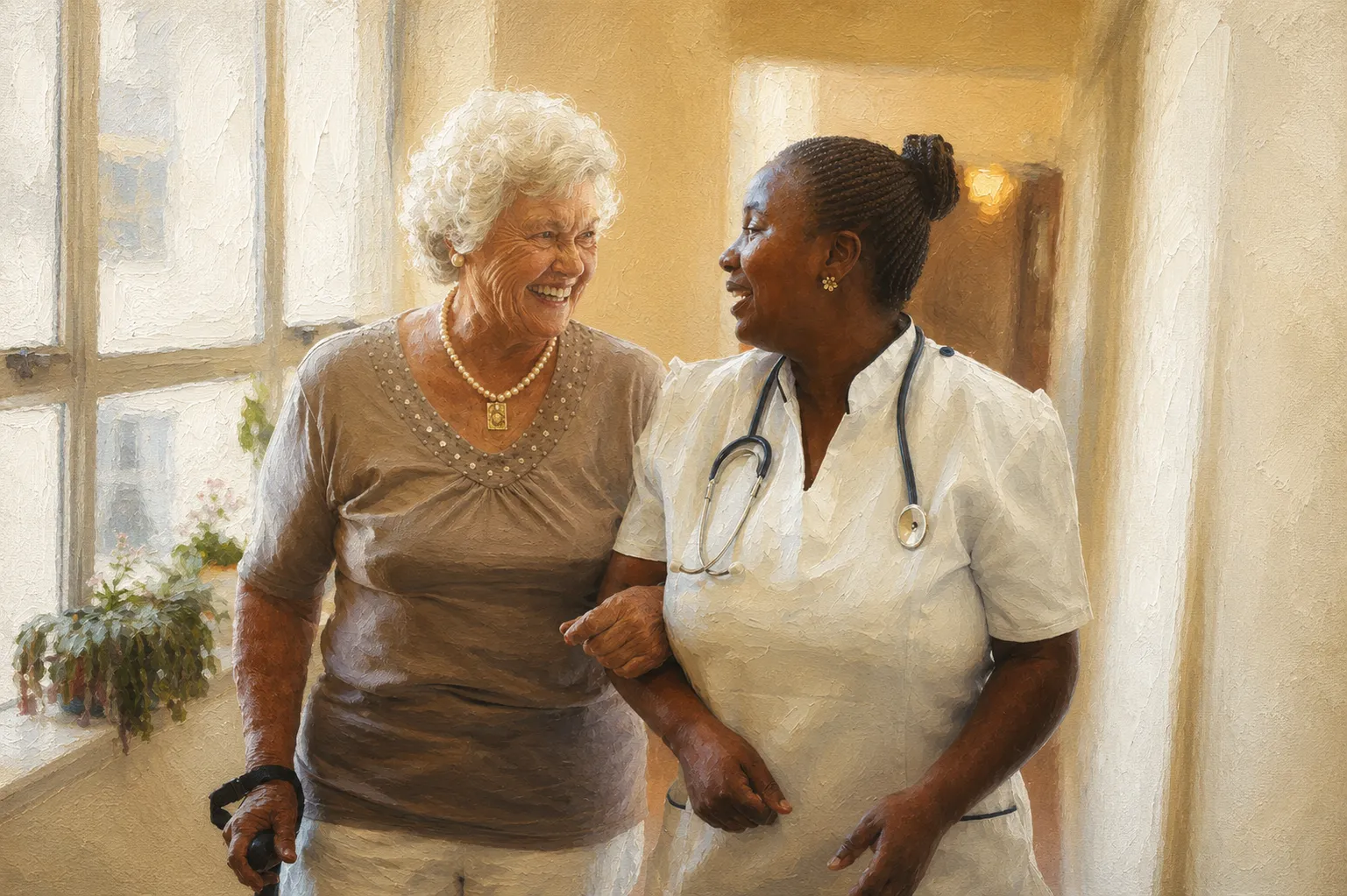 Caregiver walking with an elderly client