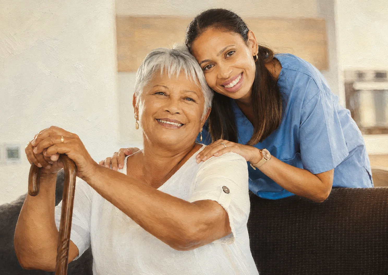Caregiver hugging an elderly client