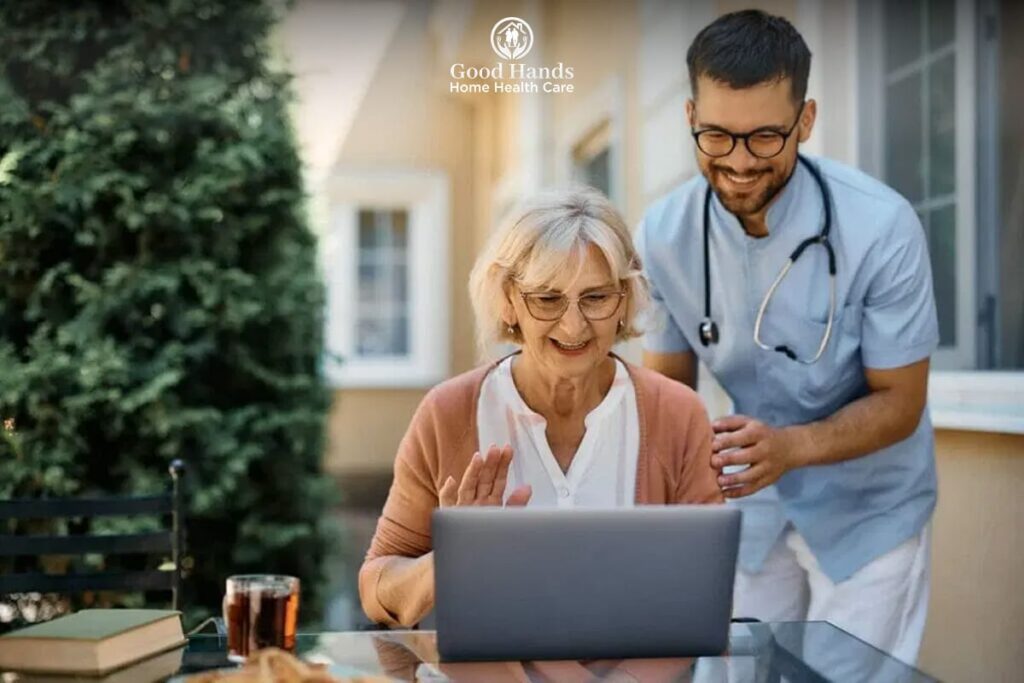 Caregiver assisting senior with video call