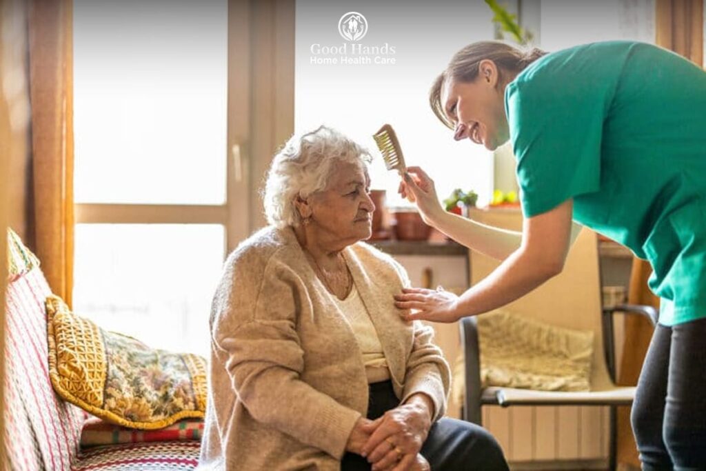 Caregiver assisting non-English speaking senior