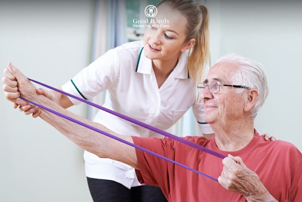 caregiver assisting senior with daily exercise