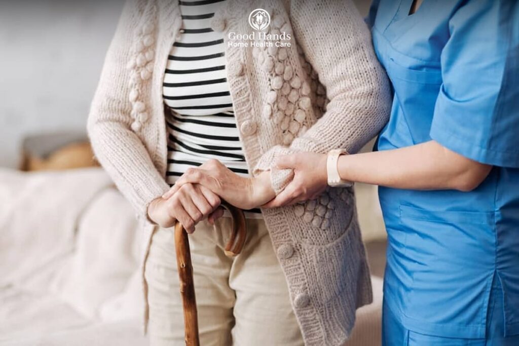 Home health care nurse helping elderly patient