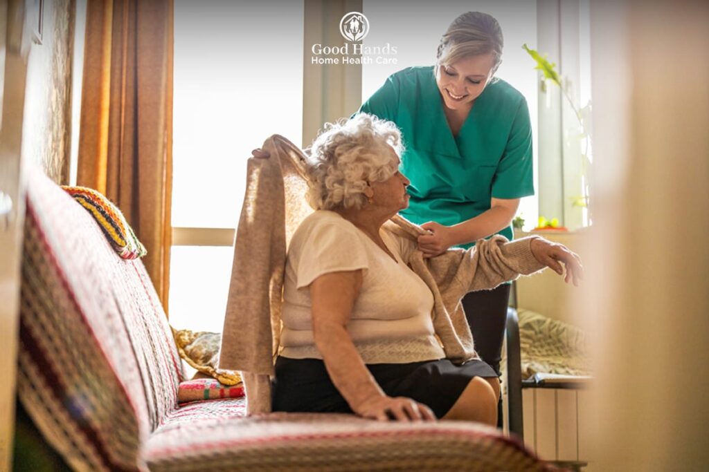 Home health care nurse assisting woman