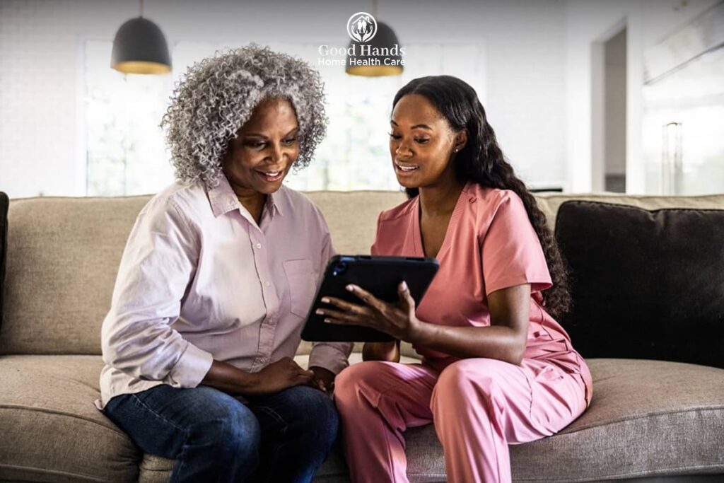 Home health care professional reviewing care plan