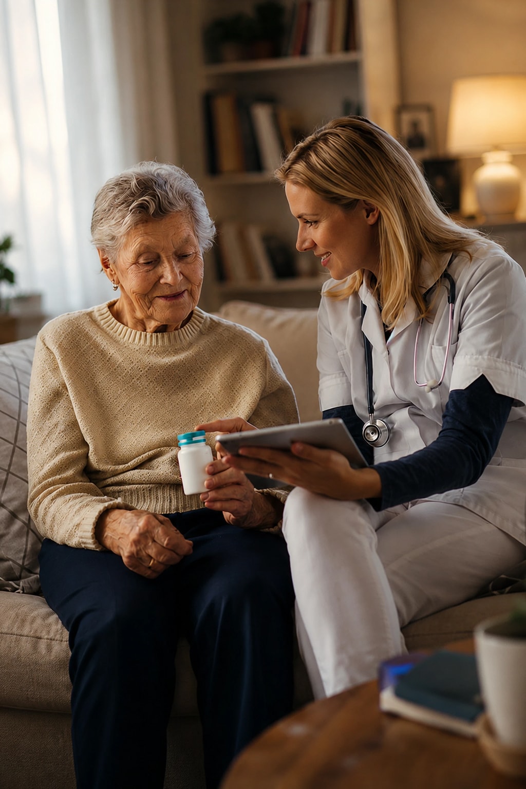 Home health care nurse reviewing medication with elderly woman