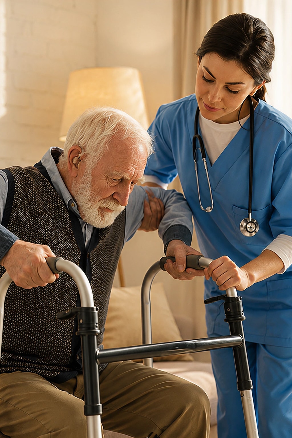 Home health care nurse assisting elderly man with walker at home