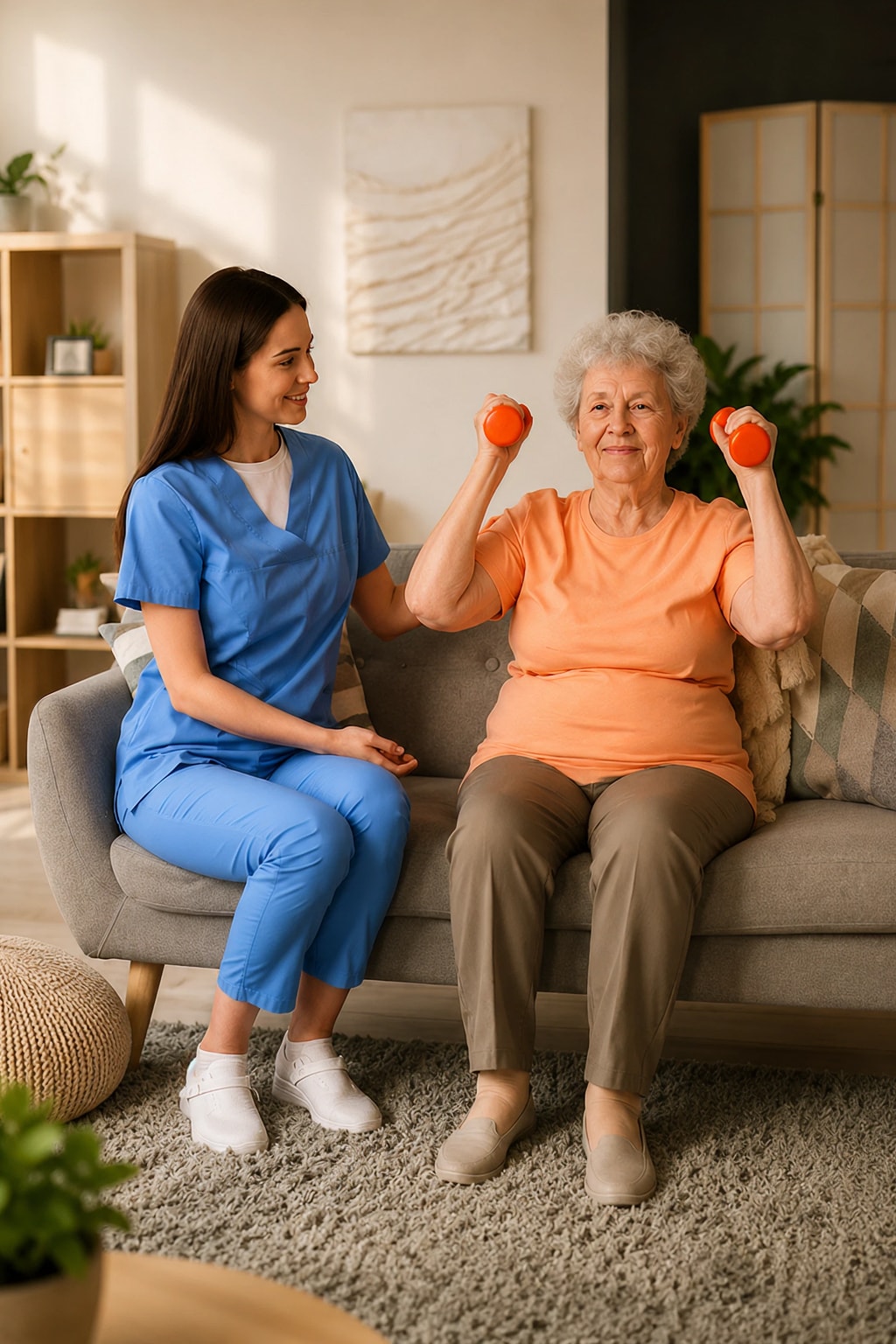 Home nurse near you supervising elderly woman exercising