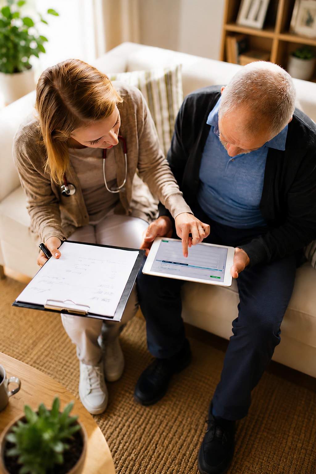 Home care agency nurse reviewing care plan with senior man on tablet