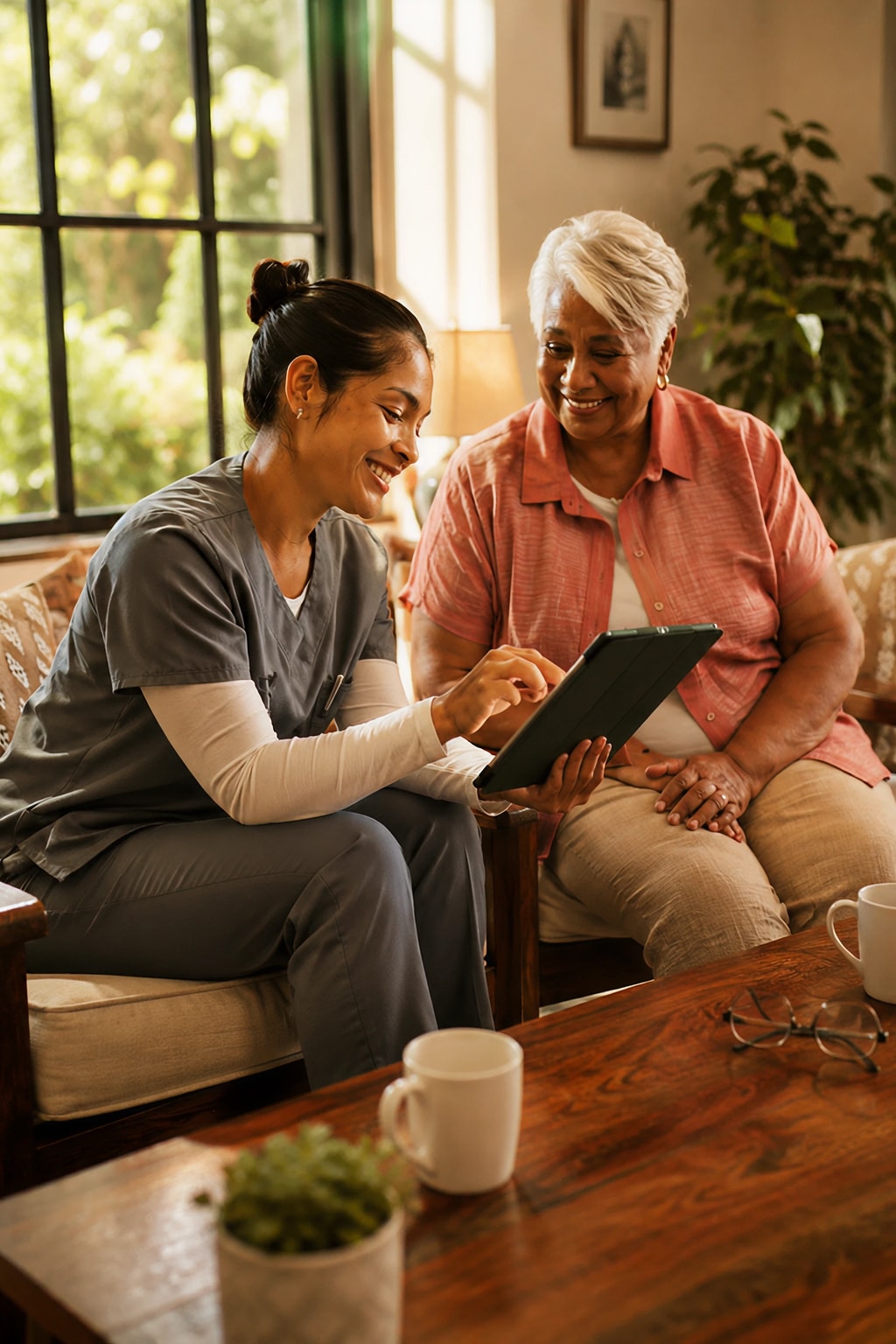Home health care nurse showing tablet information to senior woman at home