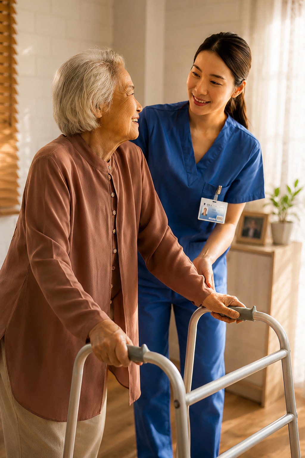 Home care services aide helping elderly woman use walker indoors