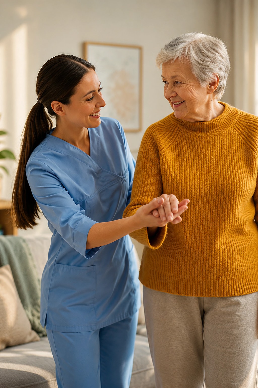 Home nurse near you holding hands with elderly woman walking at home