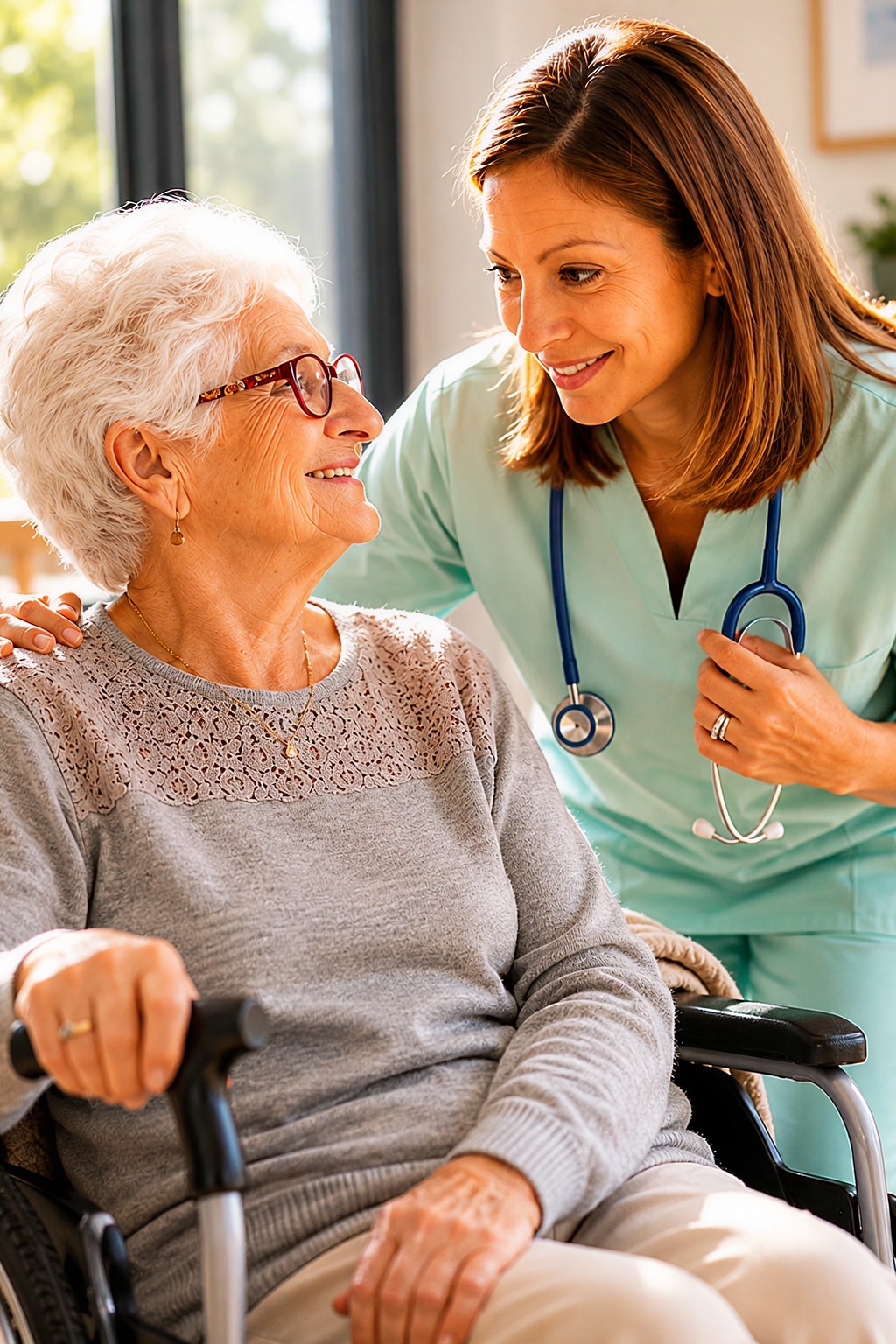 Home care nurse smiling with senior woman in wheelchair with stethoscope