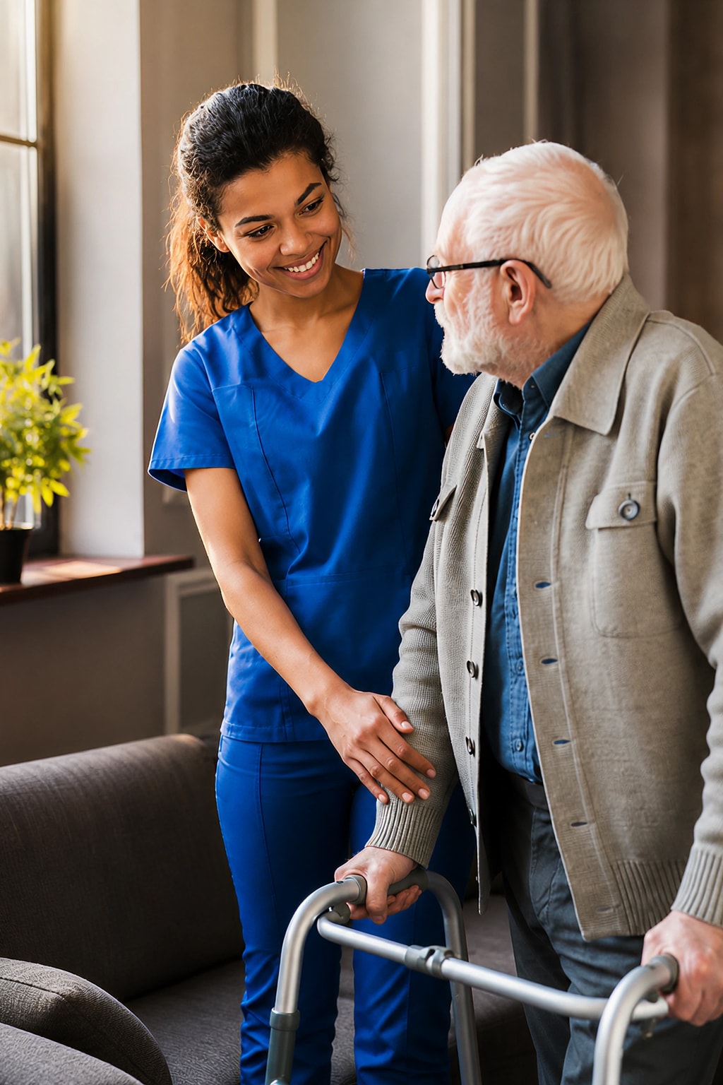 Home health care services aide supporting elderly man walking with walker