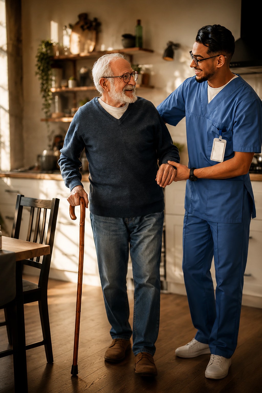 Home care agency aide helping senior man walk with cane indoors