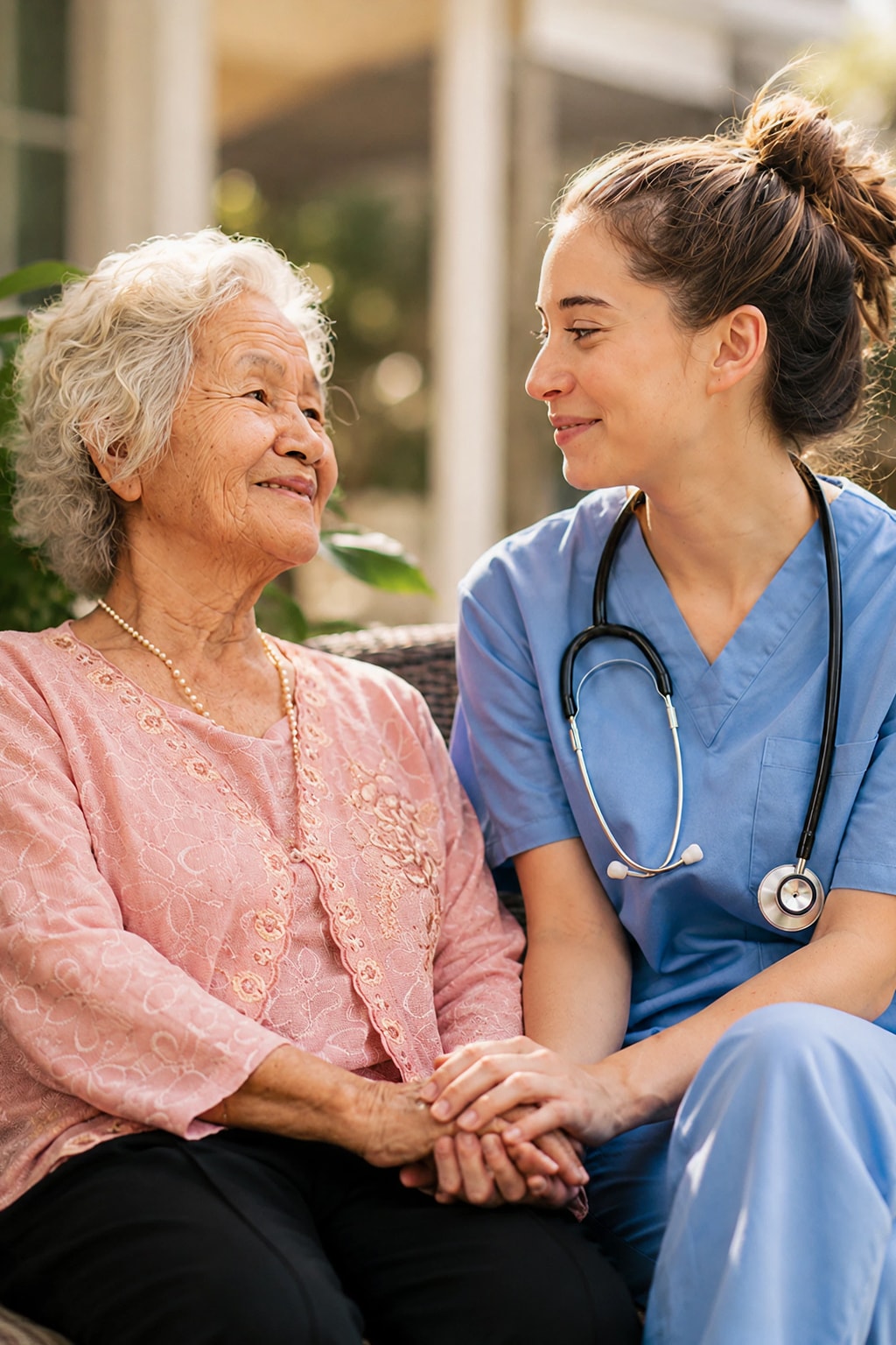 Home nurse near you sitting with senior woman outdoors