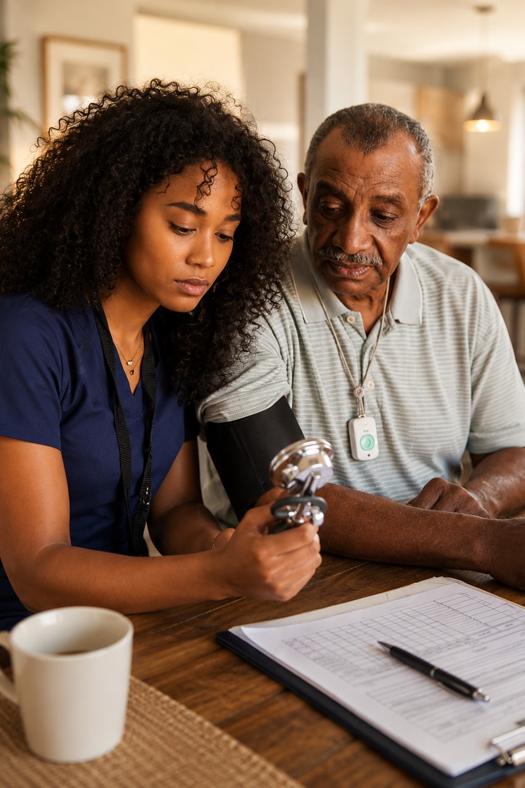 Home care agency nurse measuring blood pressure of senior man