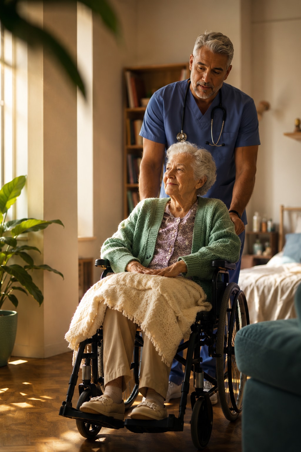 Home care agency nurse pushing elderly woman in wheelchair