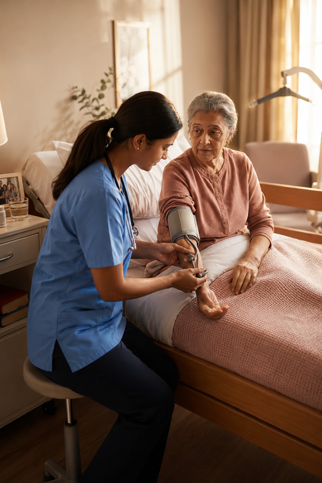 Home health care nurse measuring blood pressure of elderly woman in bed