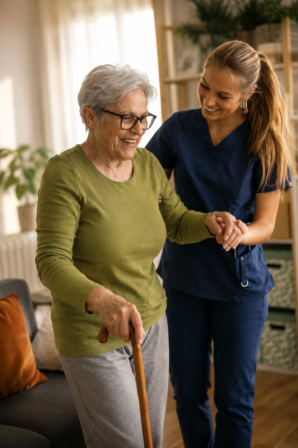 Home care services aide supporting senior woman walking with cane