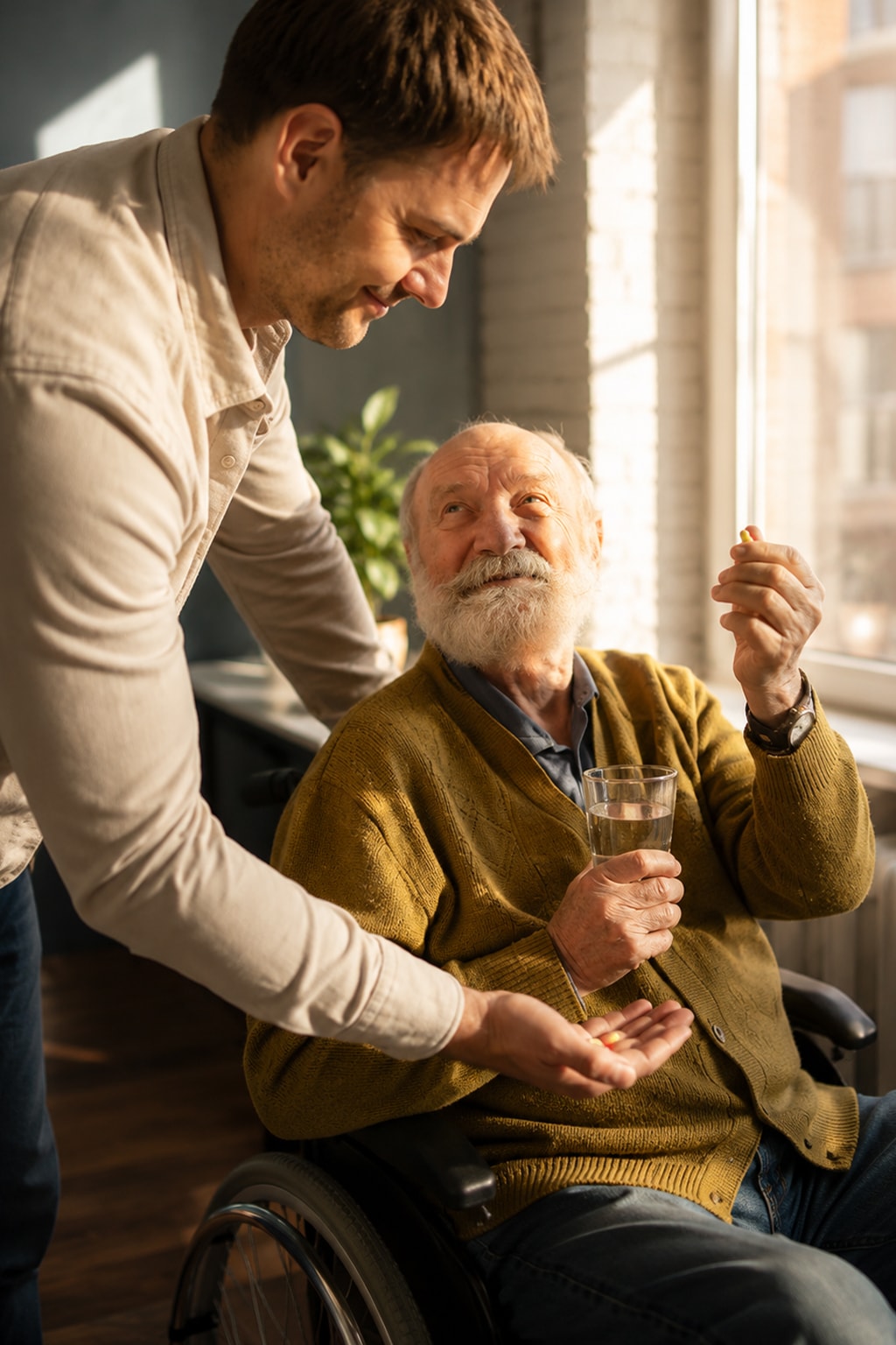 Home care agency aide helping elderly man in wheelchair take medication