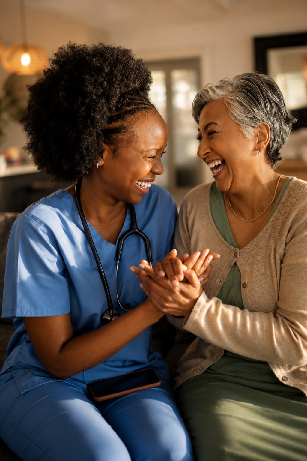 Home nurse near you laughing and holding hands with senior woman at home