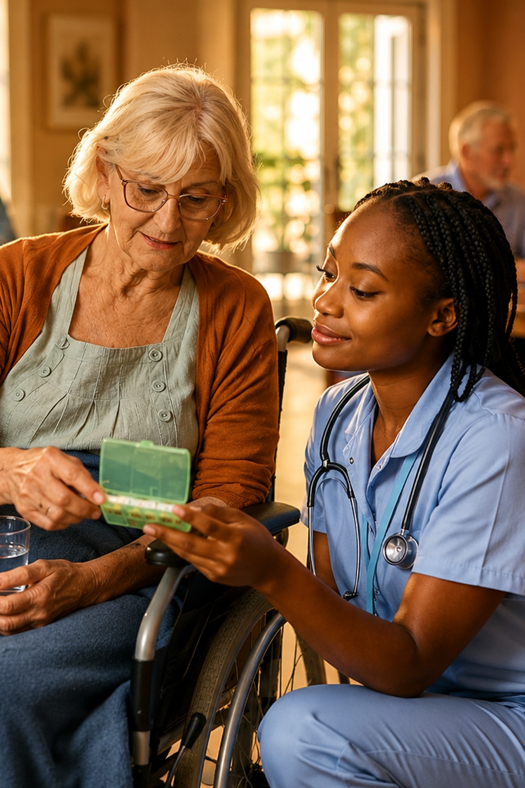 Home care nurse helping elderly woman in wheelchair manage medication